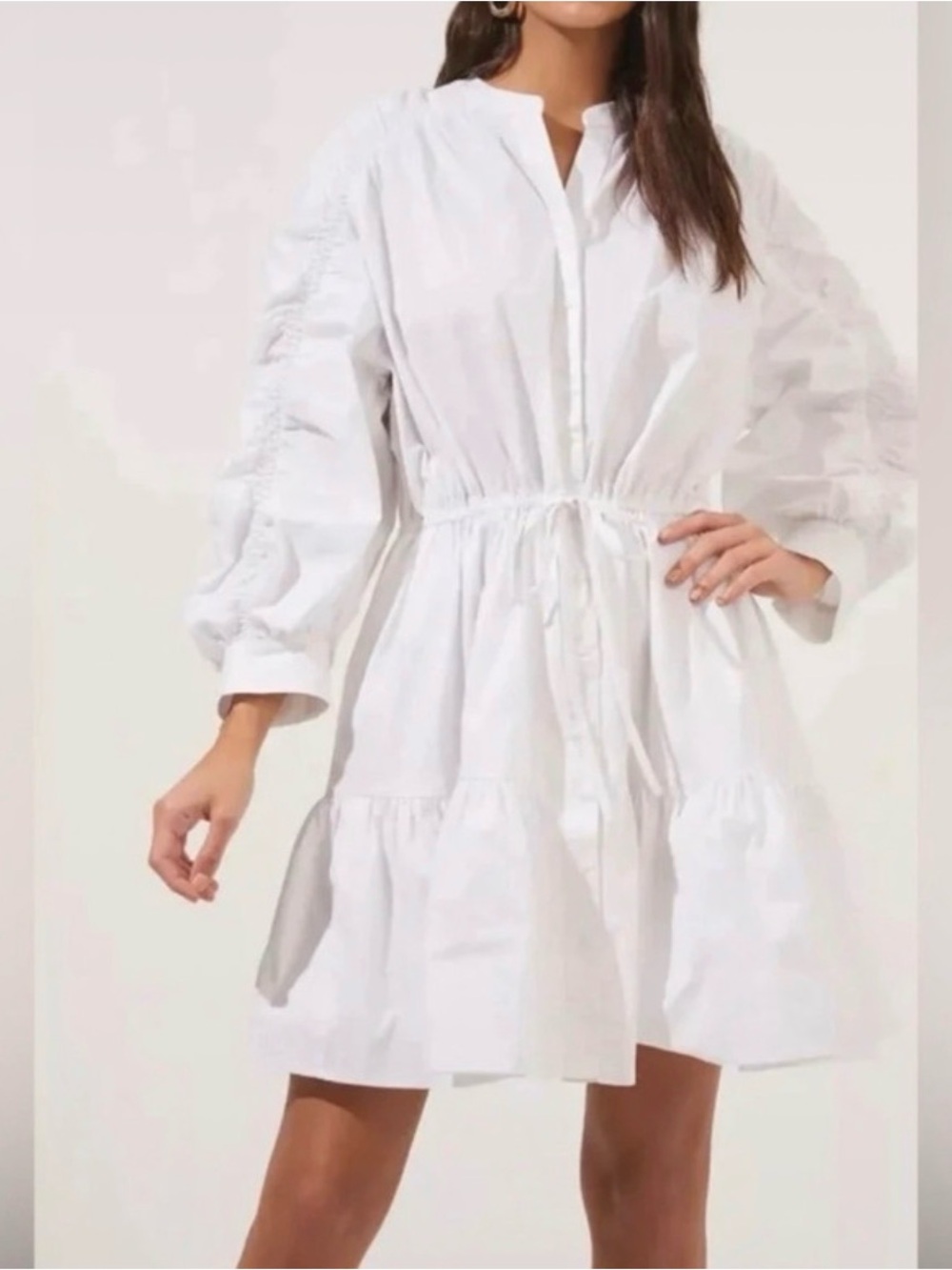 Astr White Drawstring Tiered Shirt Mini Dress
